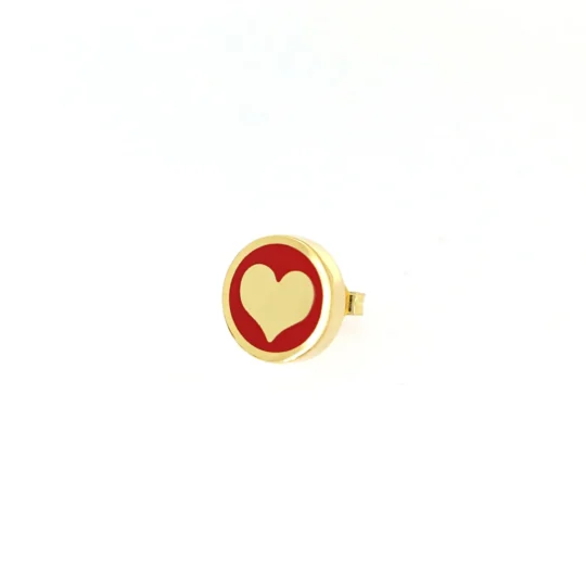 Orecchino singolo in argento 925, smalto rosso, placcato oro giallo, con cuore stilizzato.