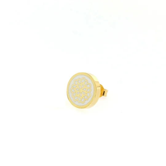 Orecchino singolo in argento 925, smalto bianco, placcato oro giallo, design floreale.