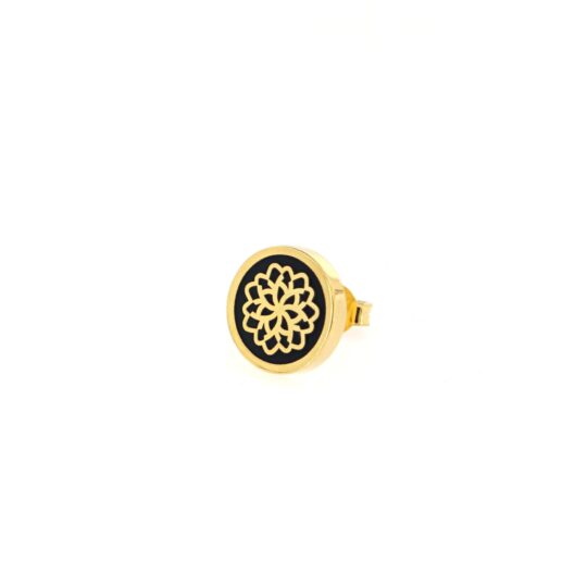 Orecchino singolo in argento 925, smalto nero, placcato oro giallo, design floreale.